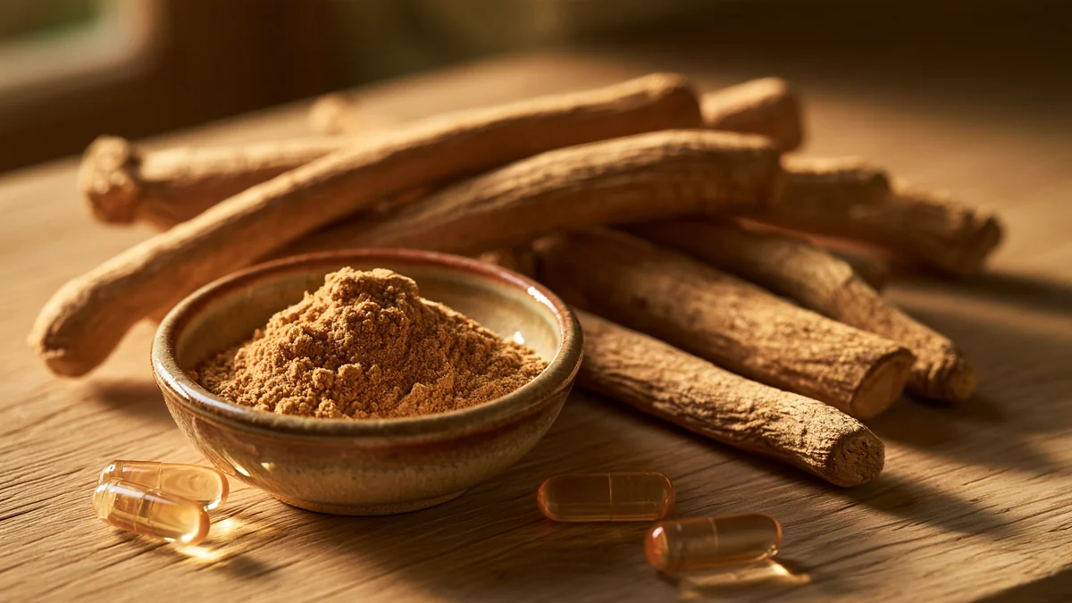 Racines et poudre d'ashwagandha posées sur une table en bois avec des gélules de différentes marques